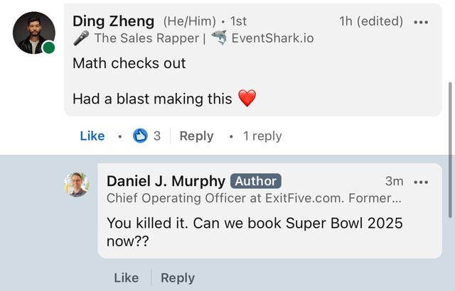LinkedIn comment from Daniel J. Murphy, COO at ExitFive