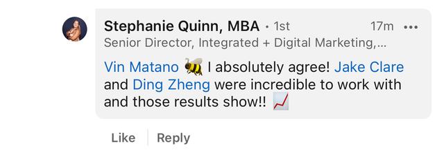 LinkedIn comment from Stephanie Quinn agreeing with Vin Matano