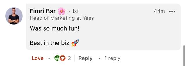 LinkedIn comment from Eimri Bar: best in the biz