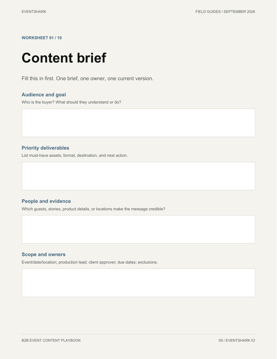 The fillable content brief worksheet from the Event Content Playbook